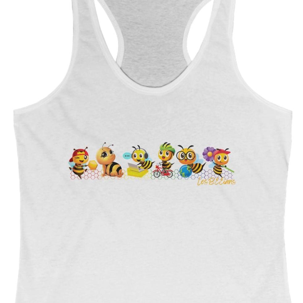 A white racerback tank top that has 6 bee's each a color of the LGBTQ rainbow with different gay personalities. Designed by Queer Energy
