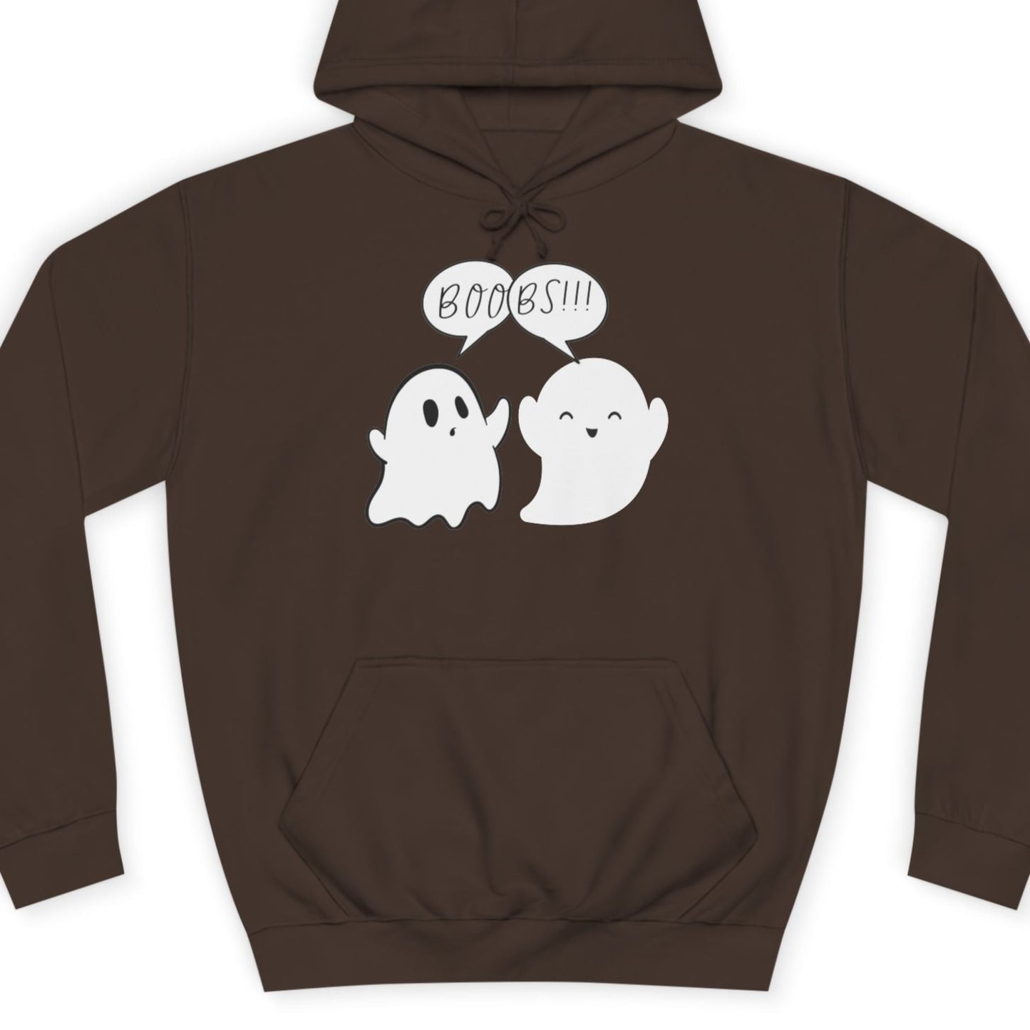 Gay pride hoodie featuring BOO-BS funny LGBTQ+ Halloween design with two ghosts spelling BOOBS – Designed by Queer Energy in brown