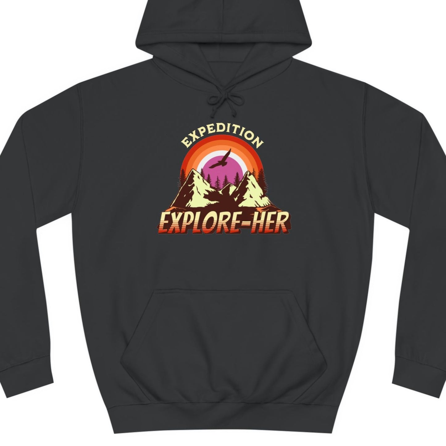 Gay pride hoodie featuring Expectation Explore-HER funny lesbian LGBTQ+ pun design – Designed by Queer Energy in black