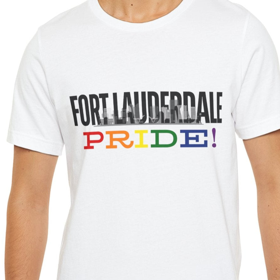 Mockup of gay man wearing a white Gay pride t-shirt featuring Fort Lauderdale PRIDE rainbow skyline LGBTQ+ design – Designed by Queer Energy