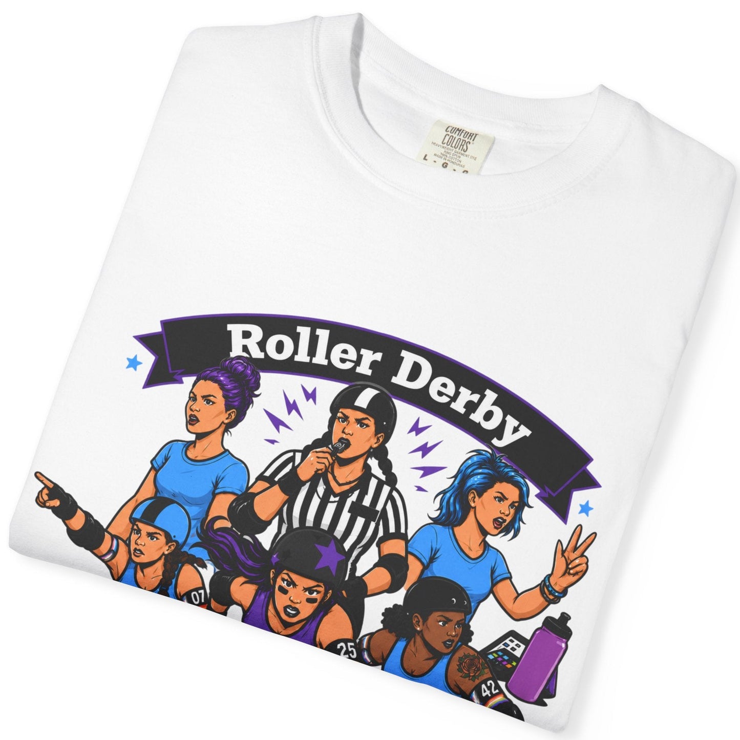 Gay pride roller derby folded white tee featuring a pack of skaters, referee, and "The Pack Is Here" graphic designed by Queer Energy.