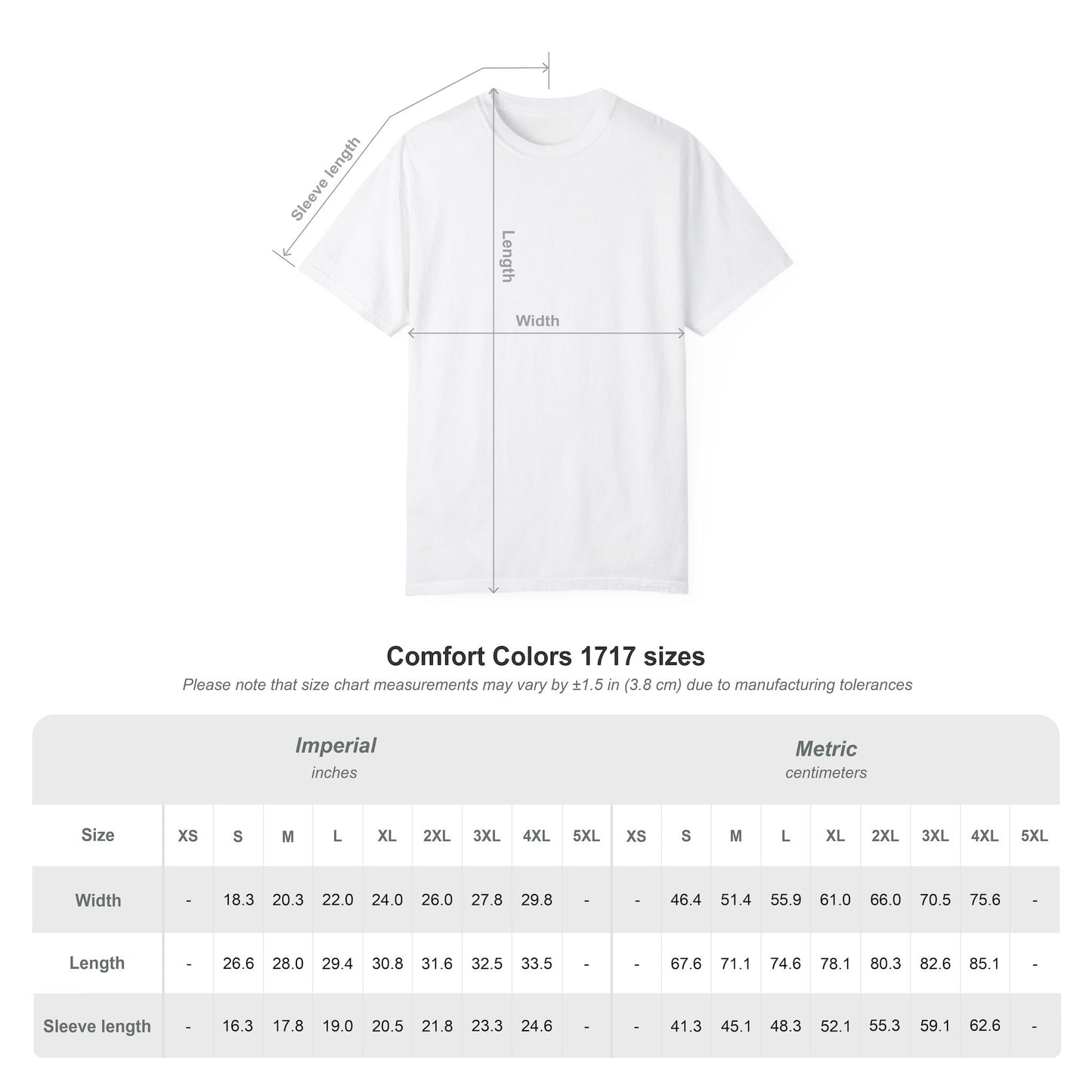 White t-shirt with measurement chart on a white background