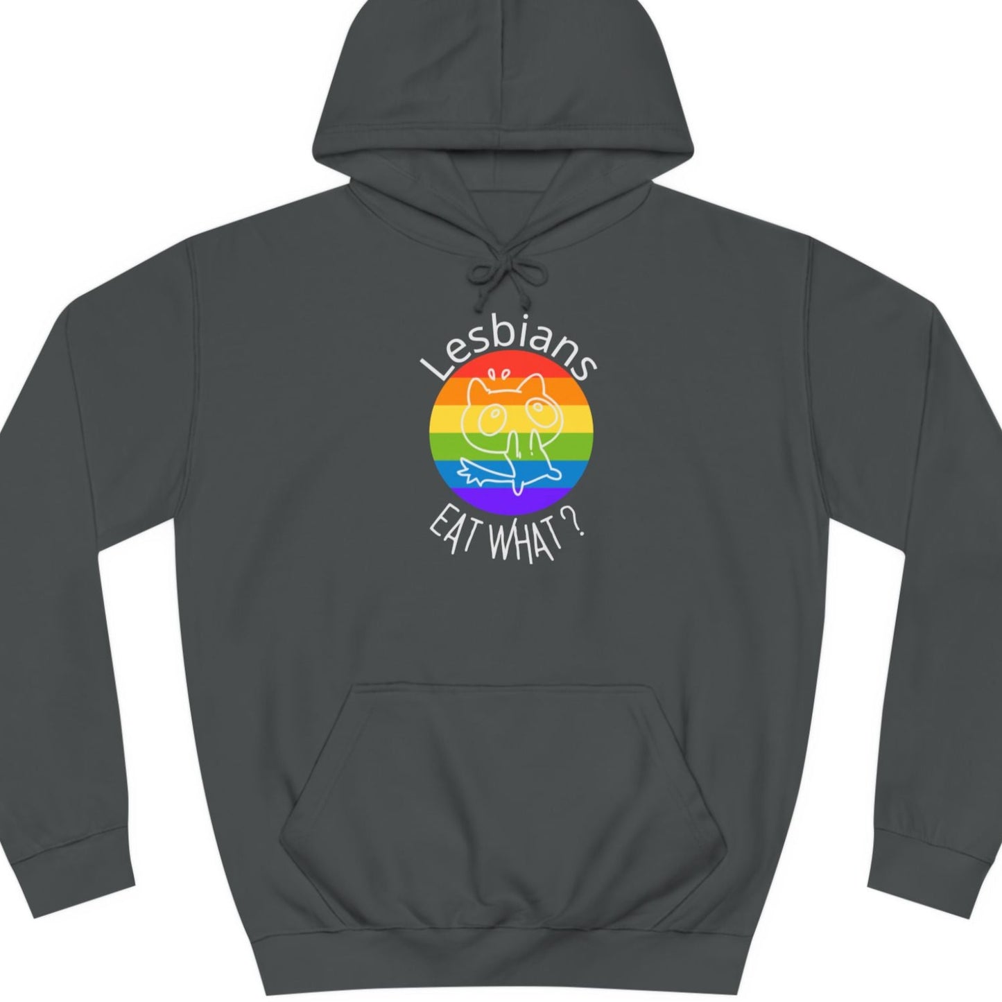 Funny lesbian hoodie featuring Lesbians EAT WHAT? meme with scared cat – Designed by Queer Energy in gray