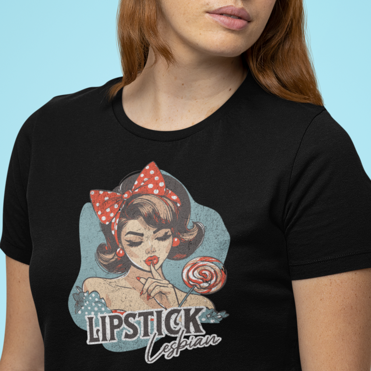 Gay pride t-shirt featuring Lipstick Lesbian funny LGBTQ+ design – Designed by Queer Energy mockup