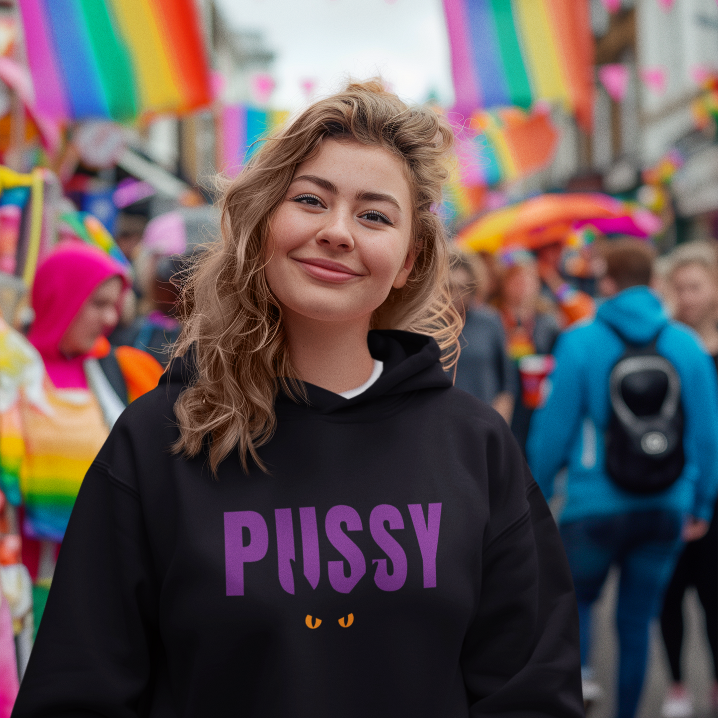 Black hoodie that says PUSSY (Cat)