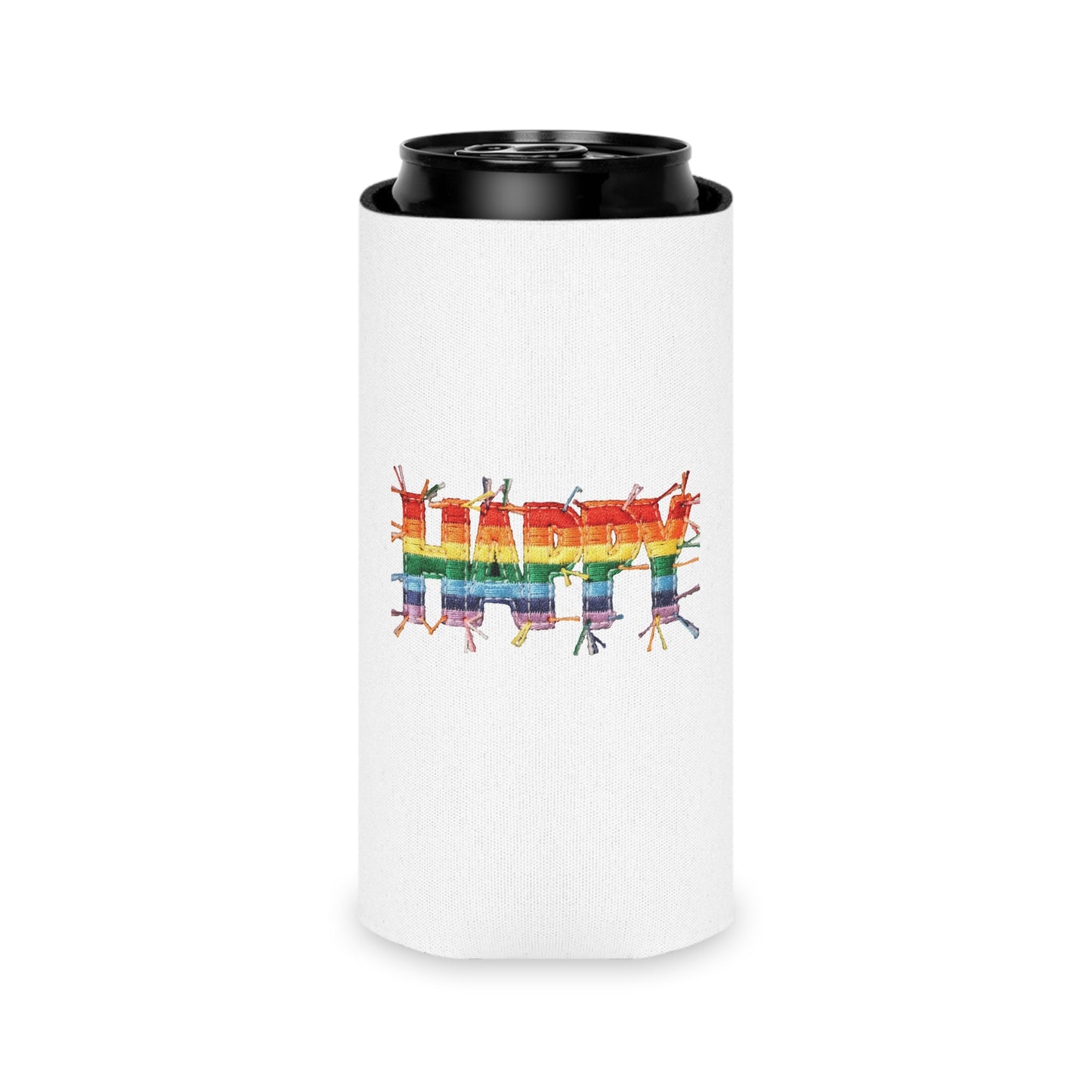 Happy Pride | LGBTQ Faux Patchwork Can Cooler Designed by Queer Energy - Queer Energy
