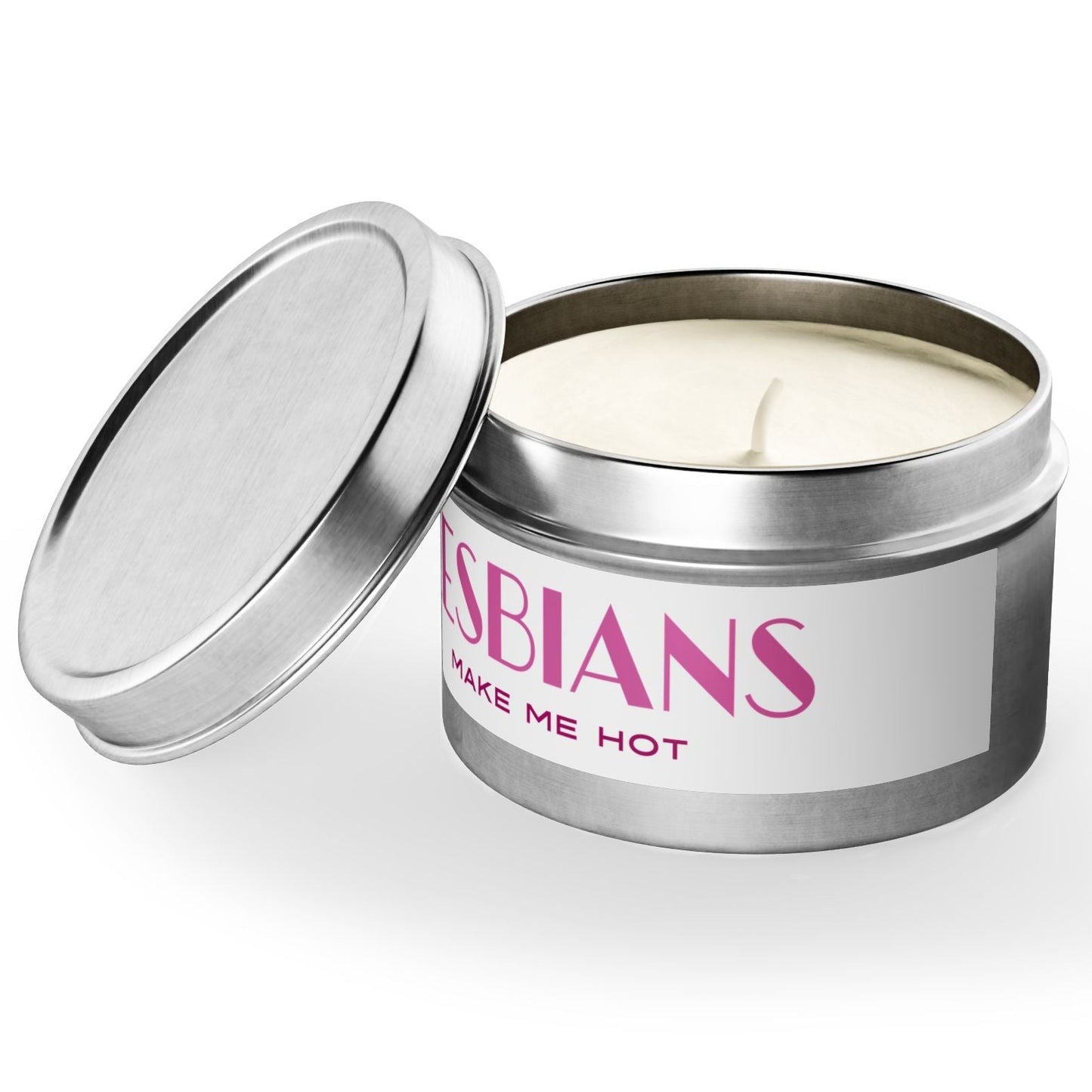 Lesbians Make Me Hot Tin Sapphic Candle mockup with lid Designed by Queer Energy - Queer Energy