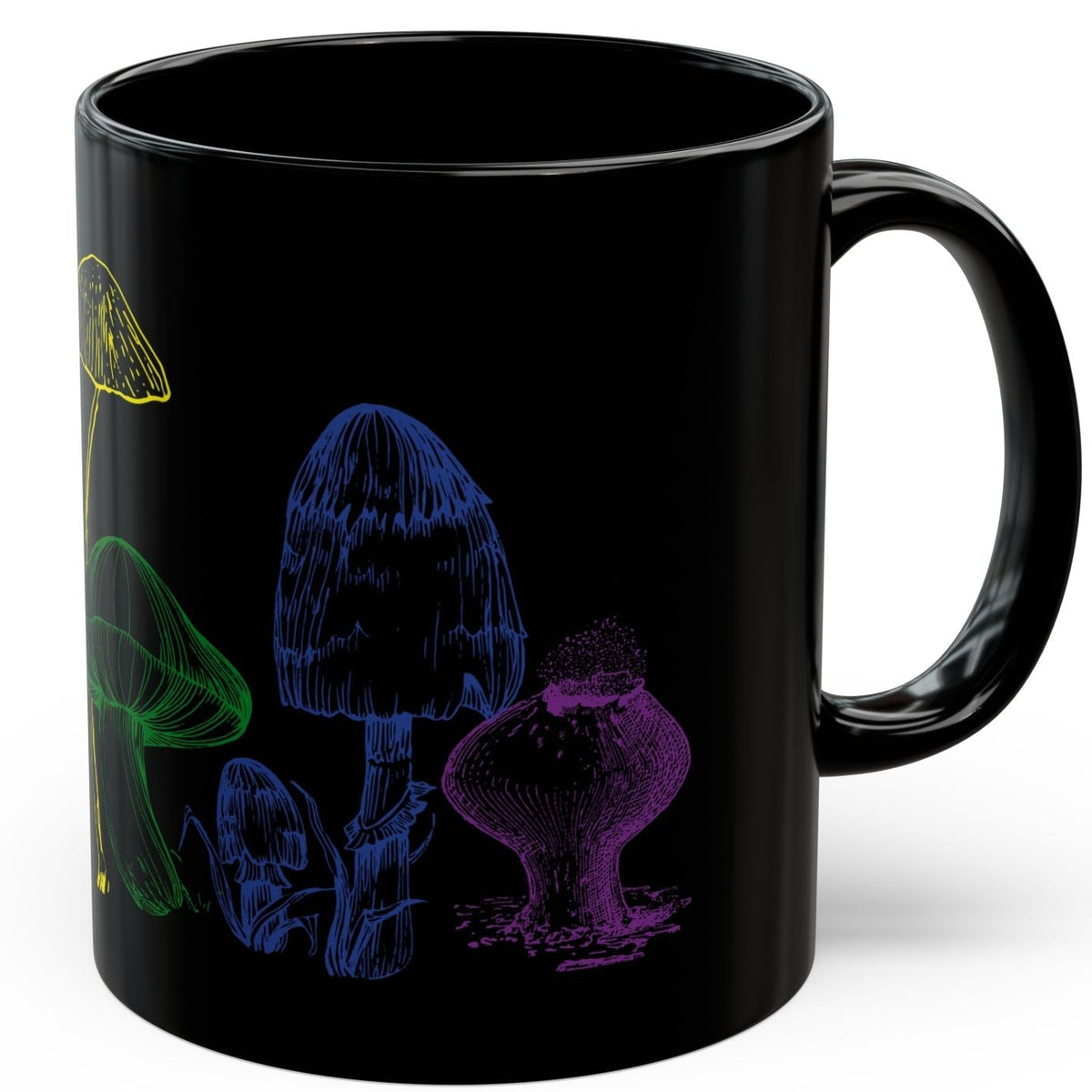 Ride side view of Rainbow Mushroom Magic | Black Ceramic Mug (11oz)Designed by Queer Energy - Queer Energy