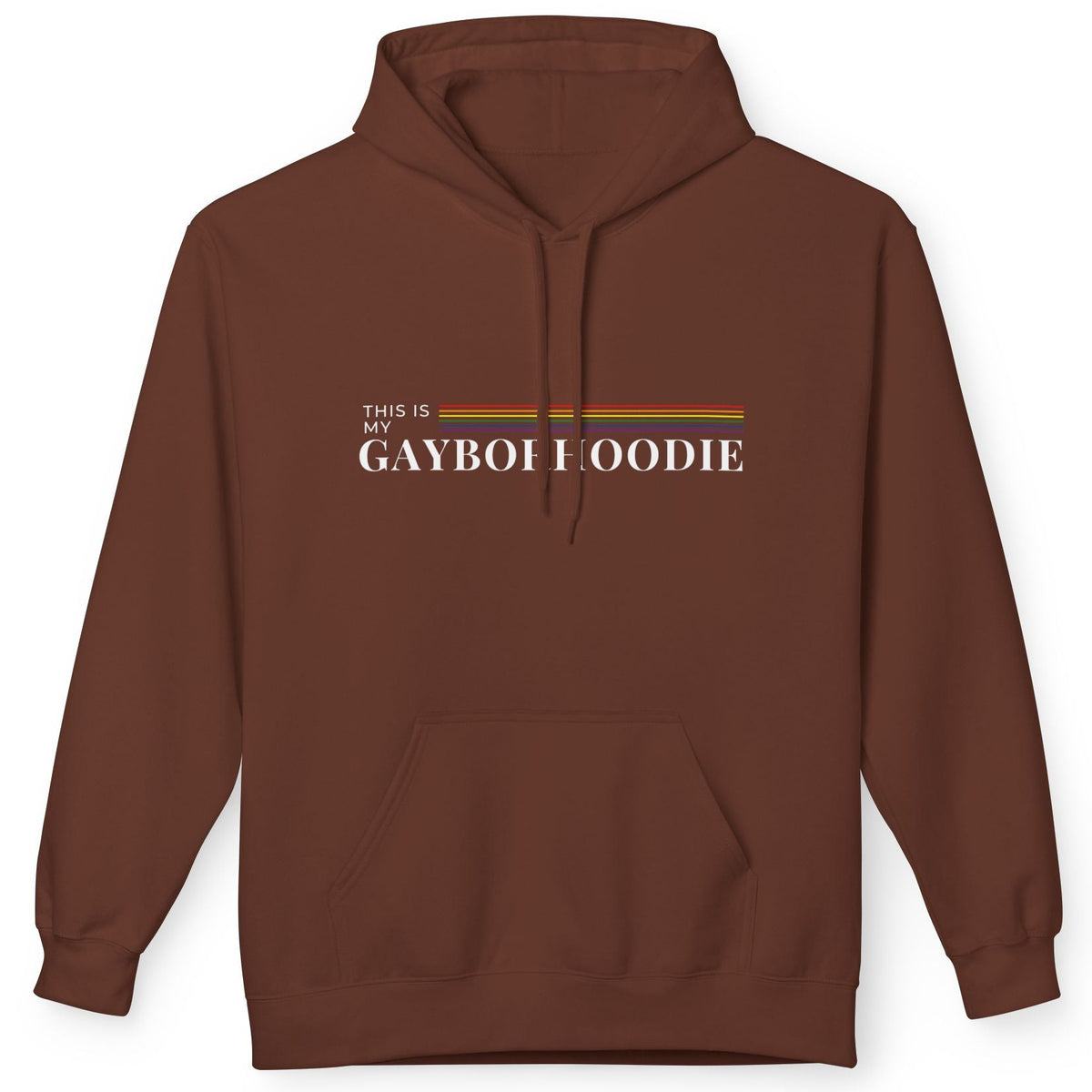 A brown pullover hoodie that says, This Is My Gayborhoodie gay pride hoodie with rainbow stripe, queer humor design, Designed by Queer Energy