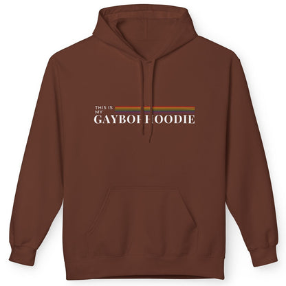 A brown pullover hoodie that says, This Is My Gayborhoodie gay pride hoodie with rainbow stripe, queer humor design, Designed by Queer Energy