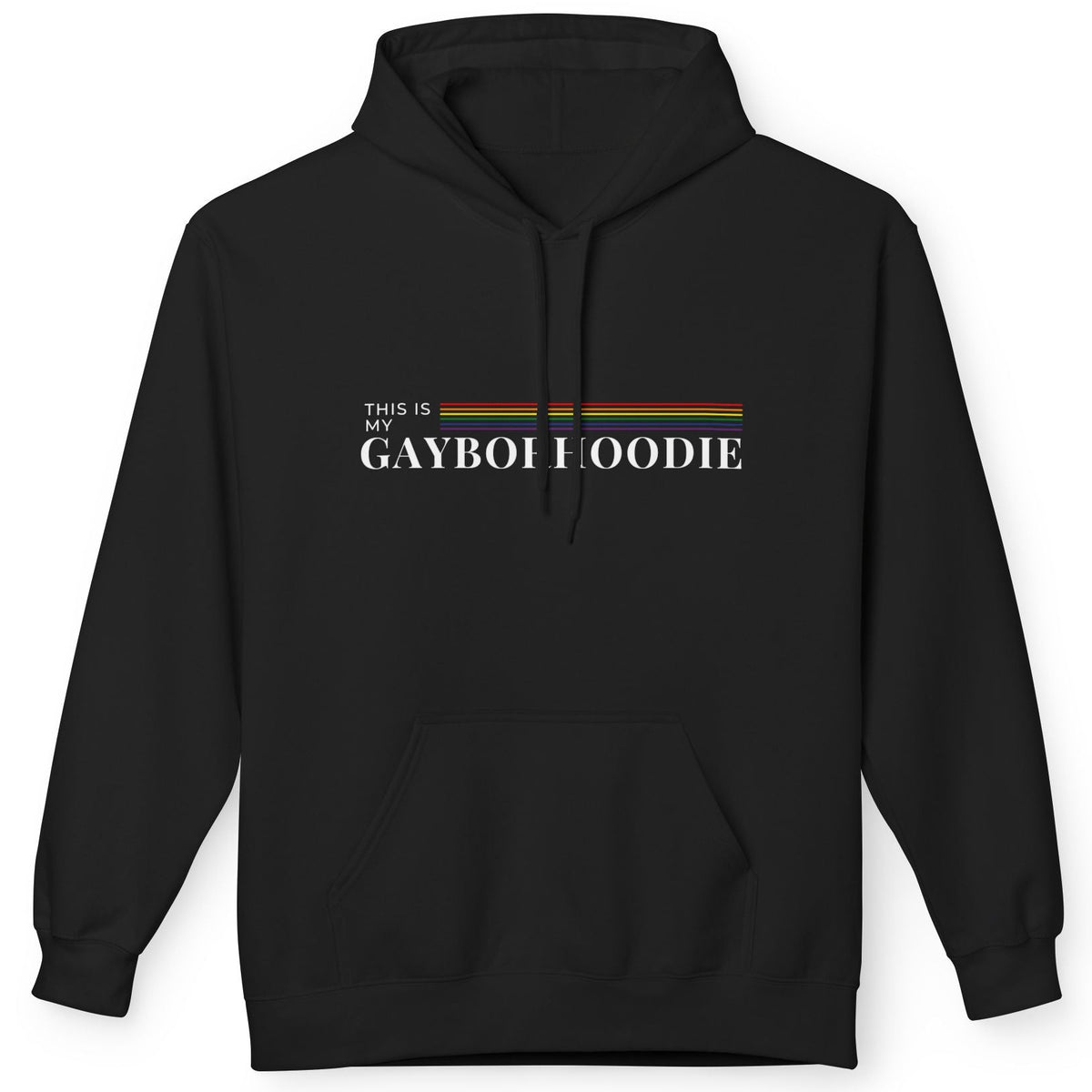 A black pullover hoodie that says, This Is My Gayborhoodie gay pride hoodie with rainbow stripe, queer humor design, Designed by Queer Energy