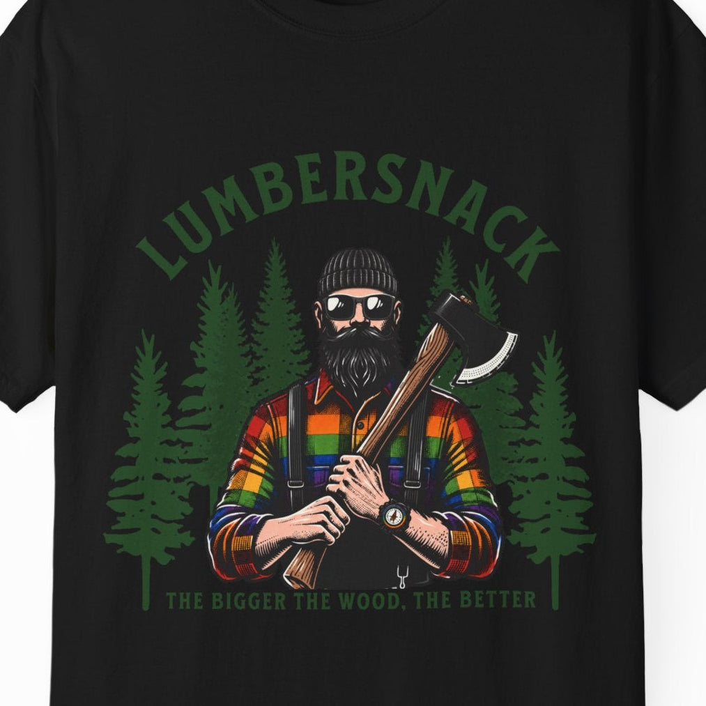 A black short-sleeve crewneck t-shirt featuring a graphic print of a lumberjack with an axe, surrounded by pine trees and the text 'LUMBERSNACK' and 'THE BIGGER THE WOOD, THE BETTER'.