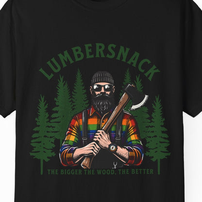 A black short-sleeve crewneck t-shirt featuring a graphic print of a lumberjack with an axe, surrounded by pine trees and the text 'LUMBERSNACK' and 'THE BIGGER THE WOOD, THE BETTER'.