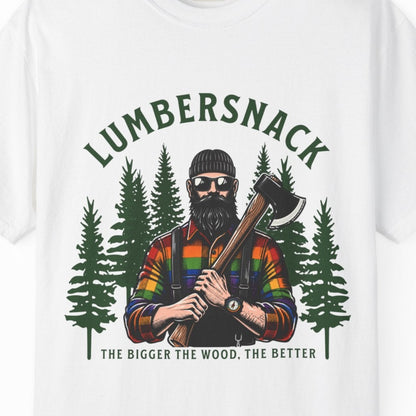 A white short-sleeve crewneck t-shirt featuring a graphic print of a lumberjack with an axe, surrounded by pine trees, with the text 'LUMBERSNACK' and 'THE BIGGER THE WOOD, THE BETTER' printed on the front.