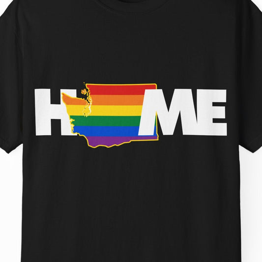 Black t-shirt with Washington rainbow 'HOME' graphic on a white background