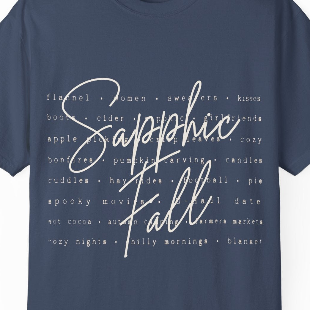Sapphic Fall lesbian blue tee with flannel, women, cider, kisses, pumpkin carving, football and cozy autumn themes