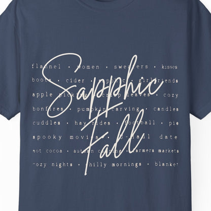 Sapphic Fall lesbian blue tee with flannel, women, cider, kisses, pumpkin carving, football and cozy autumn themes