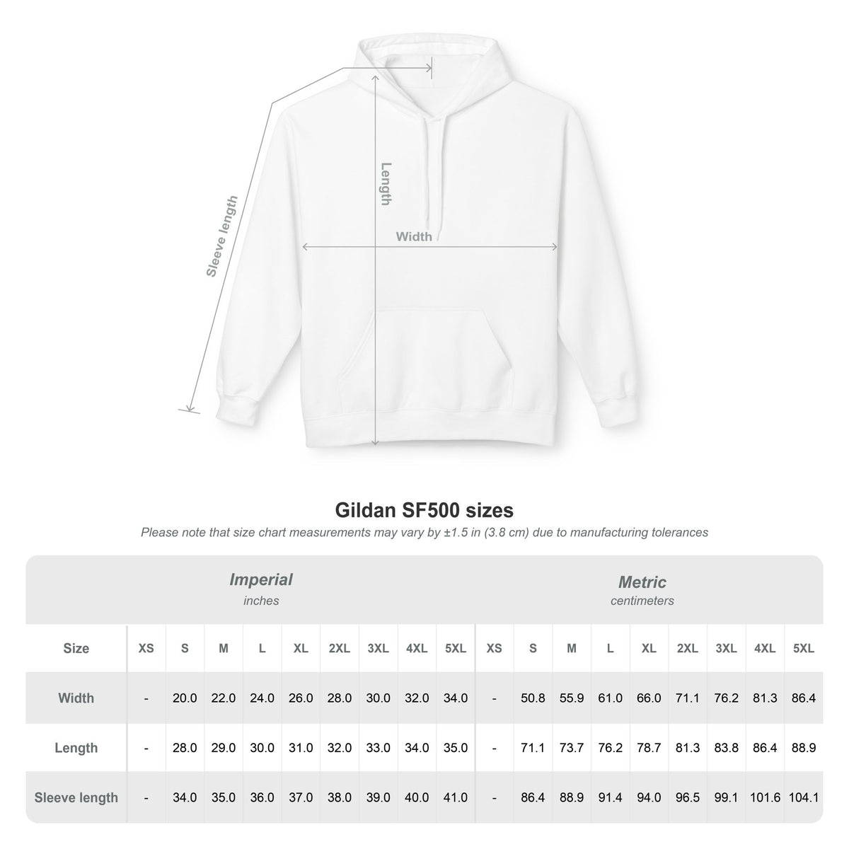 White Glidan SF500 hoodie with measurement chart on a white background