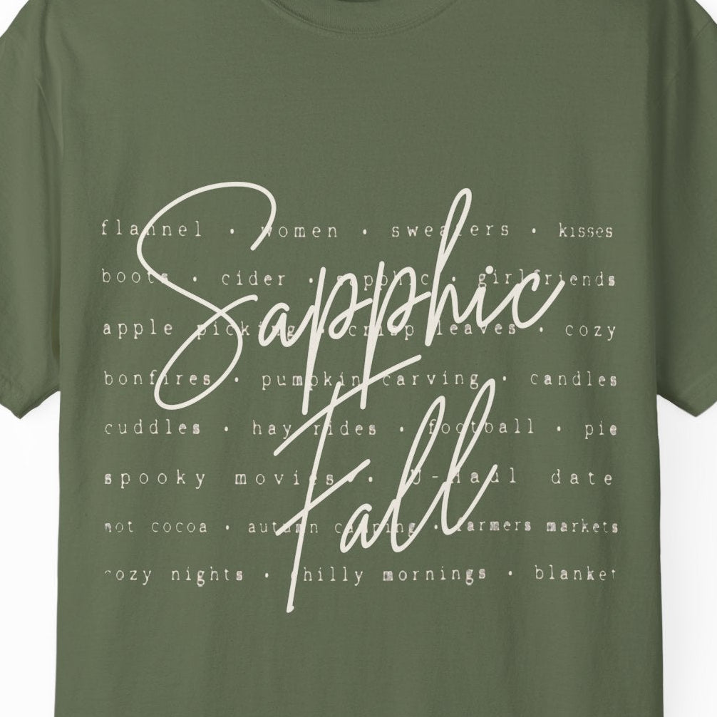 Sapphic Fall lesbian green tee with flannel, women, cider, kisses, pumpkin carving, football and cozy autumn themes