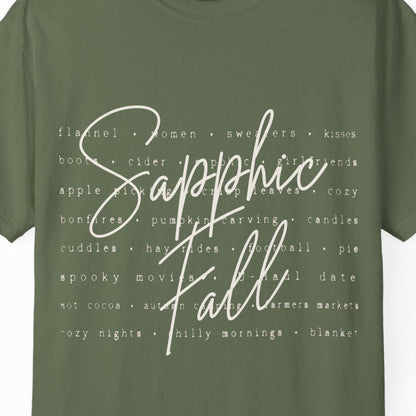 Sapphic Fall lesbian green tee with flannel, women, cider, kisses, pumpkin carving, football and cozy autumn themes