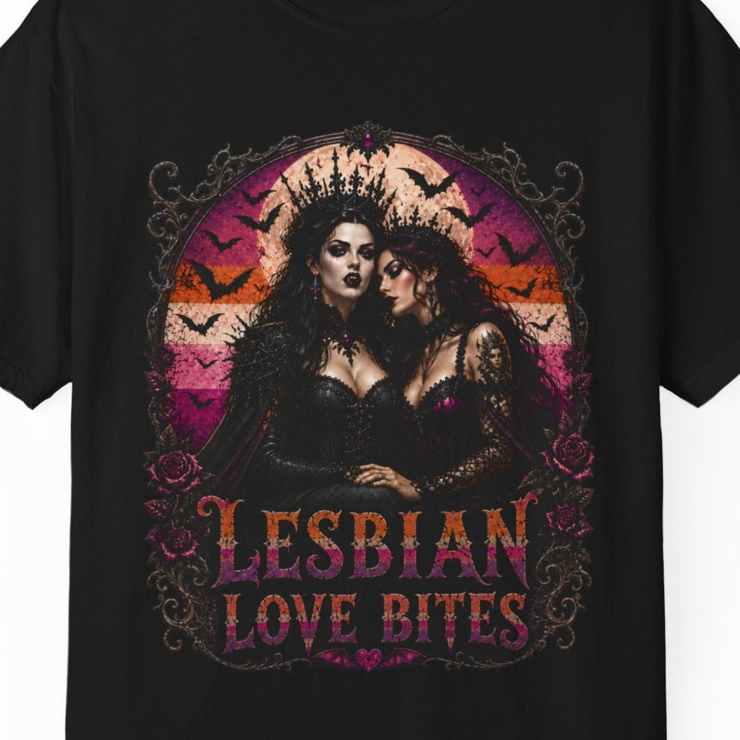 A black short-sleeve crewneck t-shirt featuring a gothic-style graphic print of two women embracing, surrounded by bats and the text 'LESBIAN LOVE BITES' in stylized lettering.