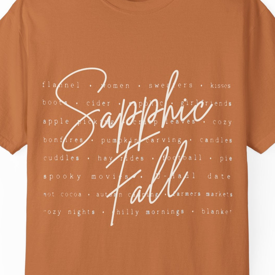 Sapphic Fall lesbian yam colored tee with flannel, women, cider, kisses, pumpkin carving, football and cozy autumn themes