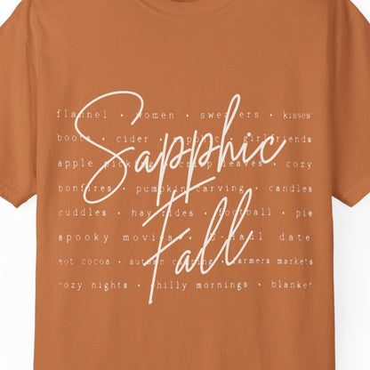 Sapphic Fall lesbian yam colored tee with flannel, women, cider, kisses, pumpkin carving, football and cozy autumn themes