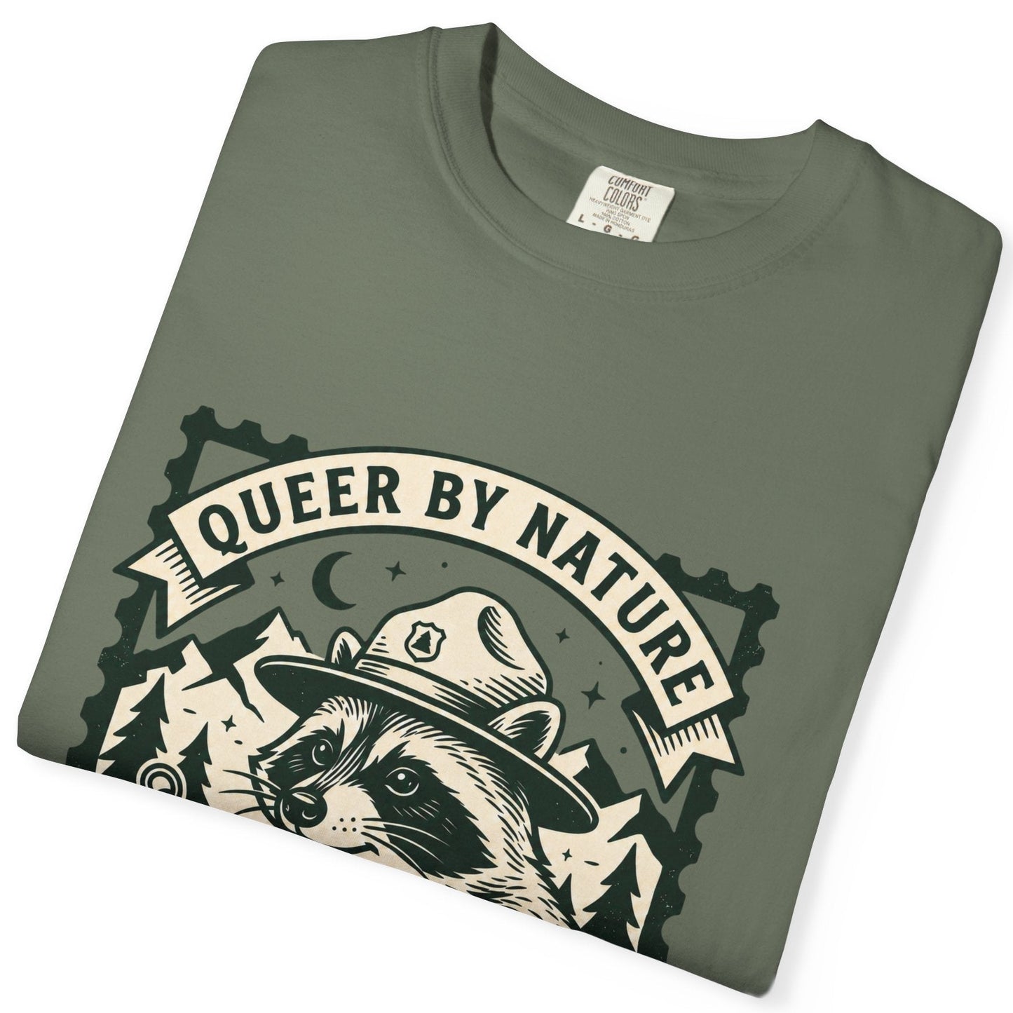 Folded green t-shirt with a black logo on a white background