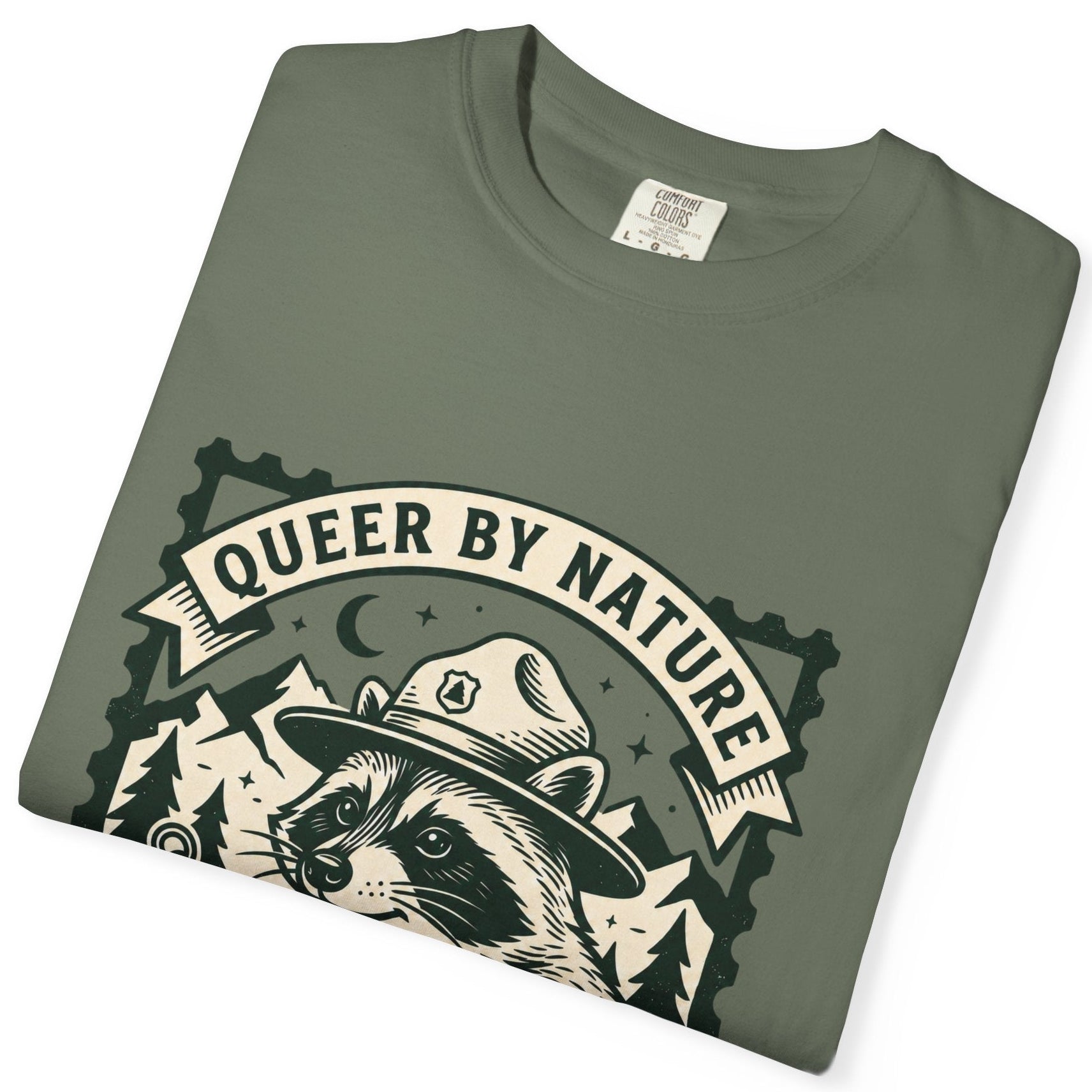 Folded green t-shirt with a black logo on a white background