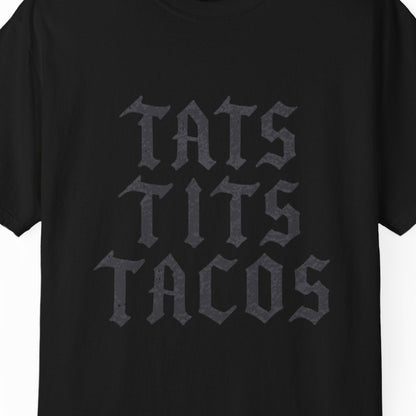 Tats Tits Tacos gay pride black tee with distressed tattoo lettering, Designed by Queer Energy.