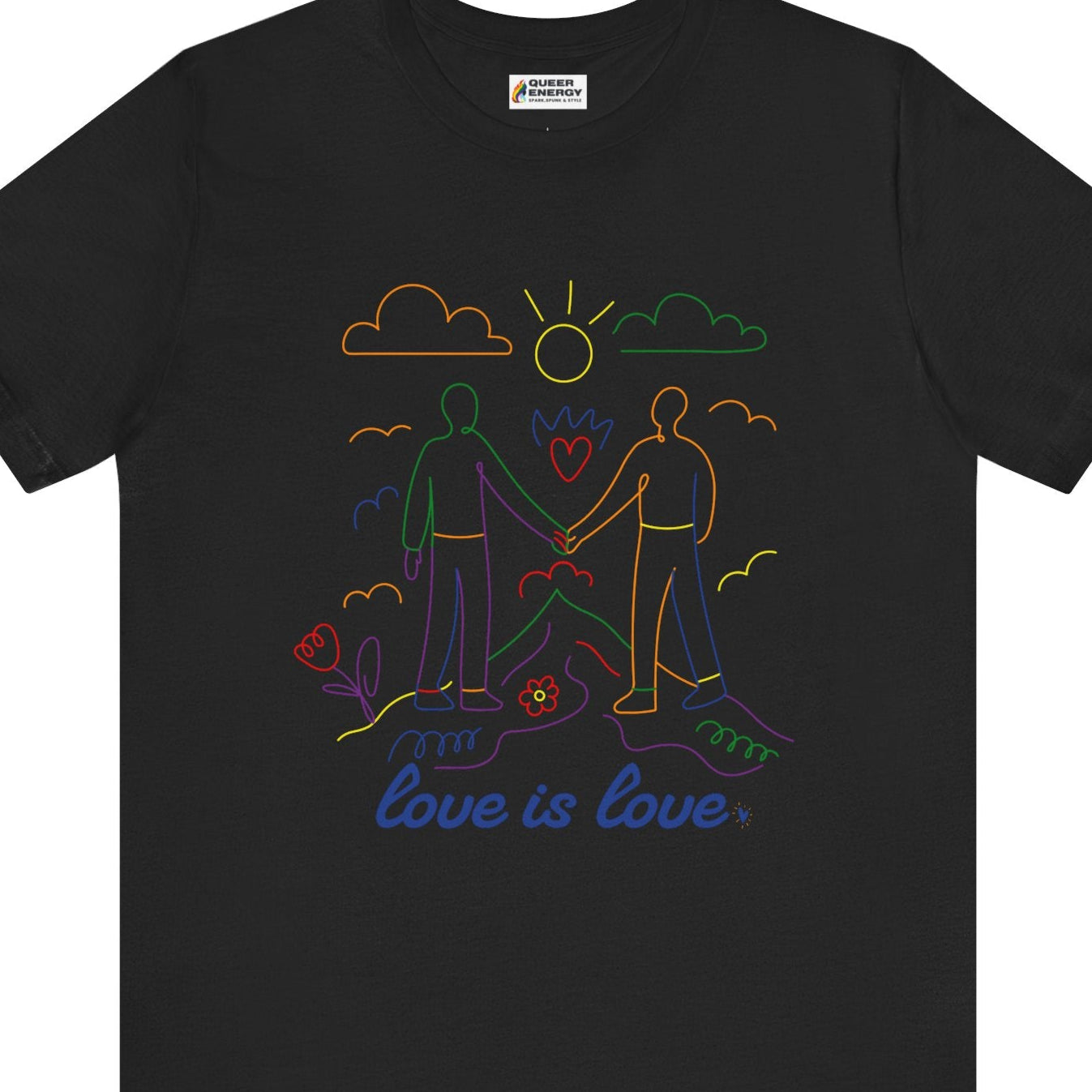 Gay pride t-shirt featuring Love Is Love gay doodle art design in rainbow colors by Queer Energy in black