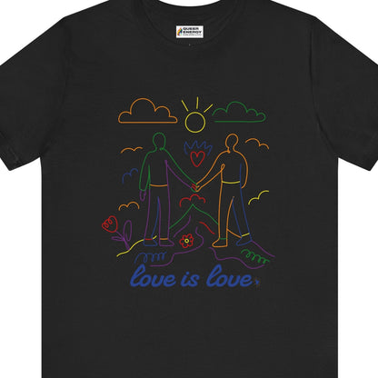 Gay pride t-shirt featuring Love Is Love gay doodle art design in rainbow colors by Queer Energy in black