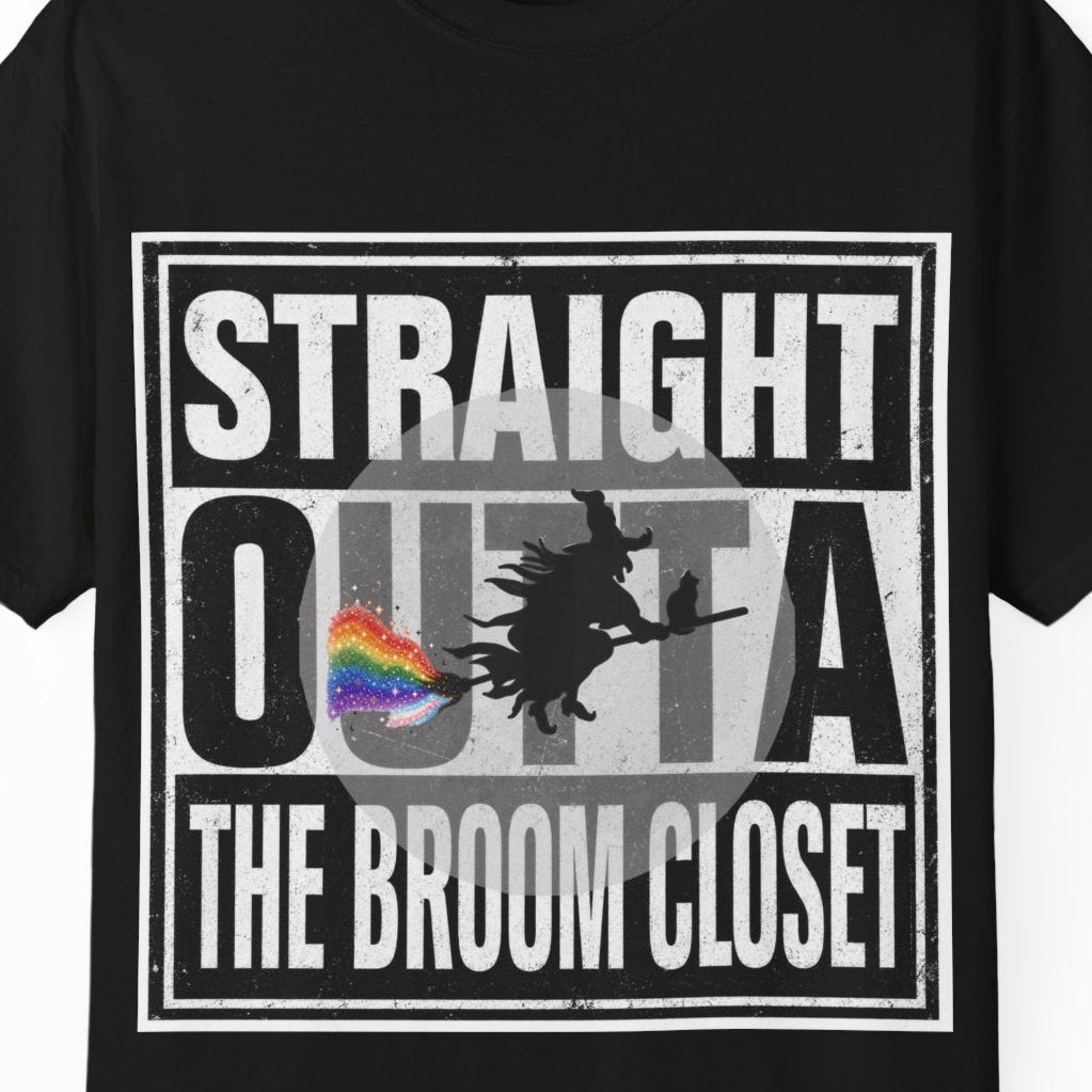 A black short-sleeve crewneck t-shirt with a graphic print on the front. The graphic features the text 'STRAIGHT OUTTA THE BROOM CLOSET' in white and gray block letters, with a silhouette of a witch riding a broom and a small rainbow pride flag detail.