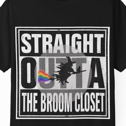 A black short-sleeve crewneck t-shirt with a graphic print on the front. The graphic features the text 'STRAIGHT OUTTA THE BROOM CLOSET' in white and gray block letters, with a silhouette of a witch riding a broom and a small rainbow pride flag detail.