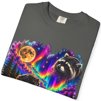 A folded pepper-colored crewneck t-shirt featuring a vibrant, colorful graphic print of Jimothy, the moon, and LGBTIQ rainbow landscape. 