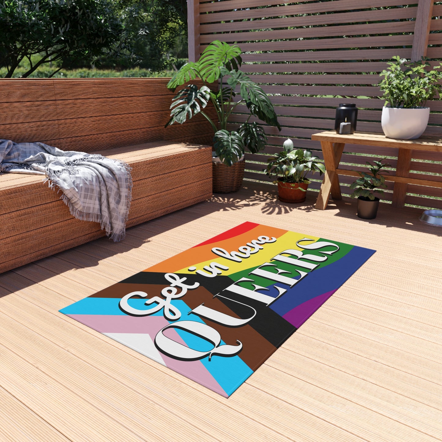 Get in here QUEERS | LGBTQ Pride Progress Rainbow Home Decor Outdoor Rug