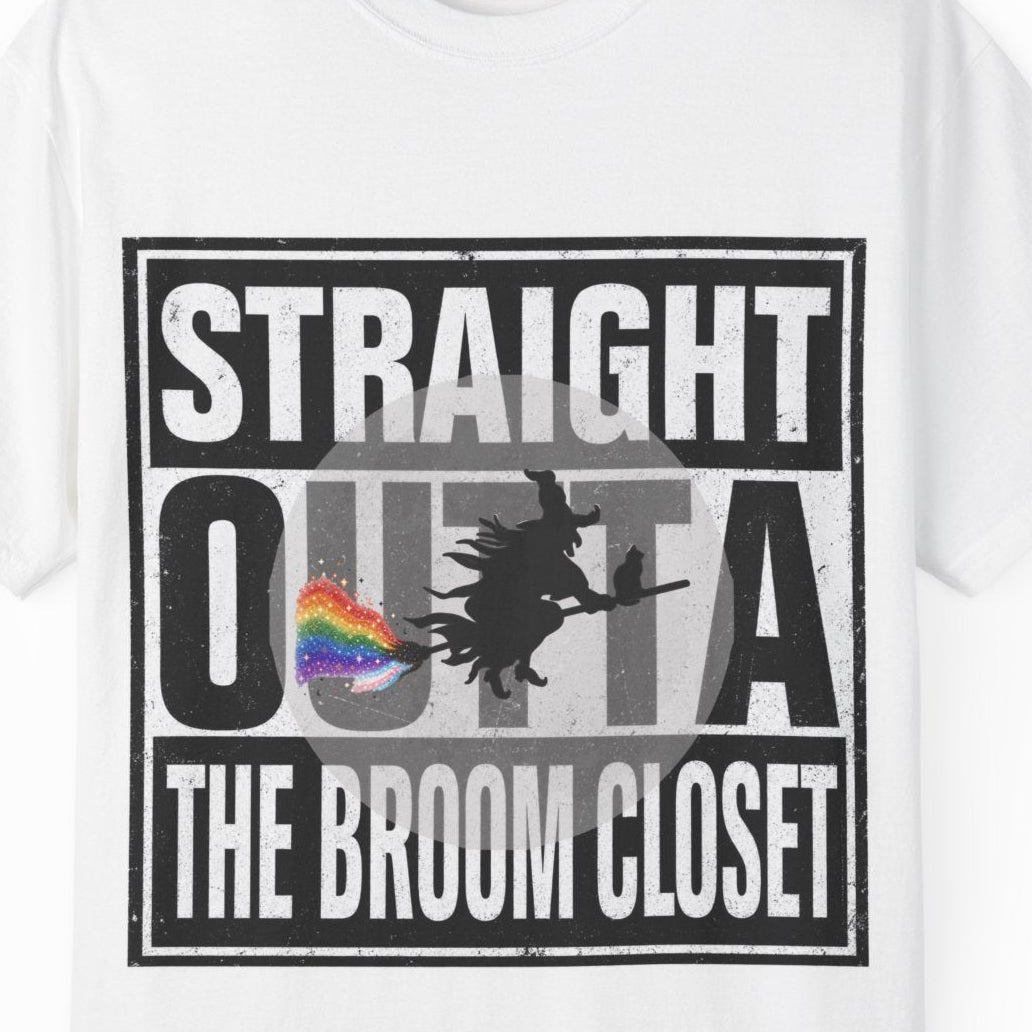 A white short-sleeve crewneck t-shirt with a black graphic print on the front that reads 'STRAIGHT OUTTA THE BROOM CLOSET' with a silhouette of a witch on a broomstick and a small rainbow pride flag.