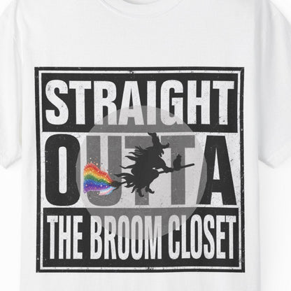 A white short-sleeve crewneck t-shirt with a black graphic print on the front that reads 'STRAIGHT OUTTA THE BROOM CLOSET' with a silhouette of a witch on a broomstick and a small rainbow pride flag.