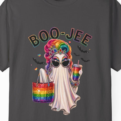 A grey short-sleeve crewneck t-shirt featuring an LGBTQ rainbow graphic of a Drag Queen ghost in a holding a rainbow-striped bag, with the text 'BOO-JEE' above it, displayed on a solid white background.