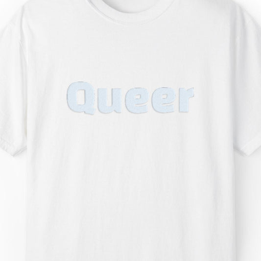 QUEER Colorless Pride gay pride tee with raised white puff print on White Comfort Colors 1717, Designed by Queer Energy.