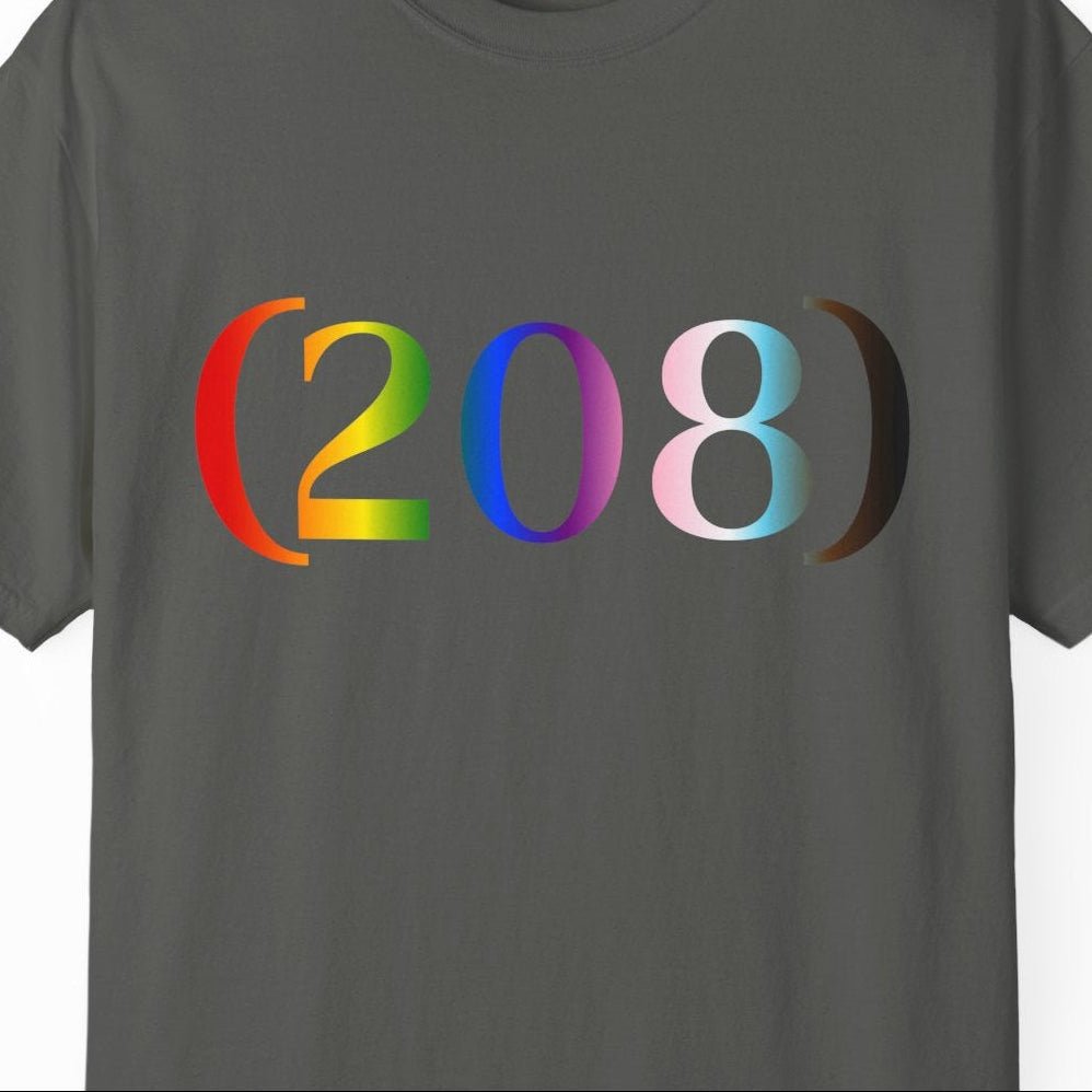 (208) Progress Flag Area Code T-Shirt — Pride Tee - Queer Energy