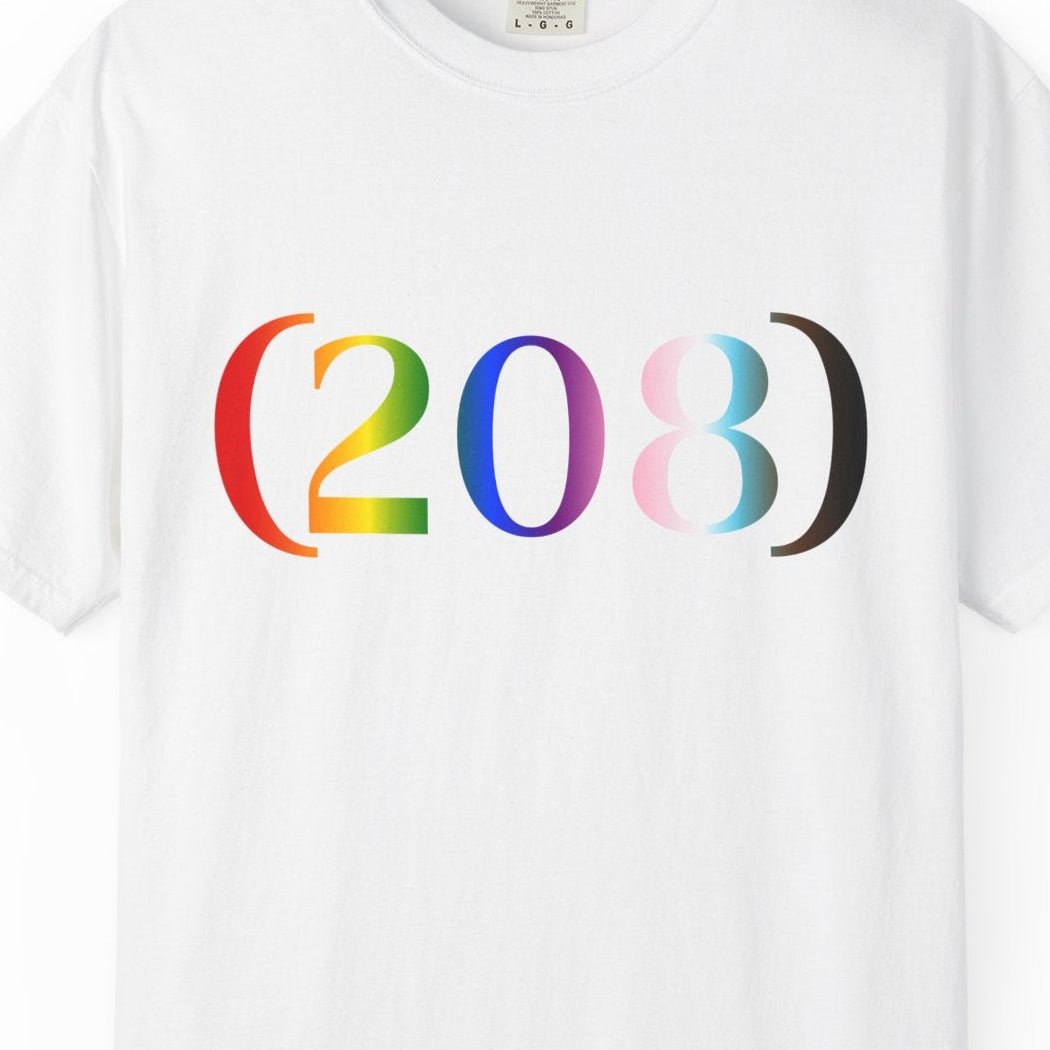 (208) Progress Flag Area Code T-Shirt — Pride Tee - Queer Energy