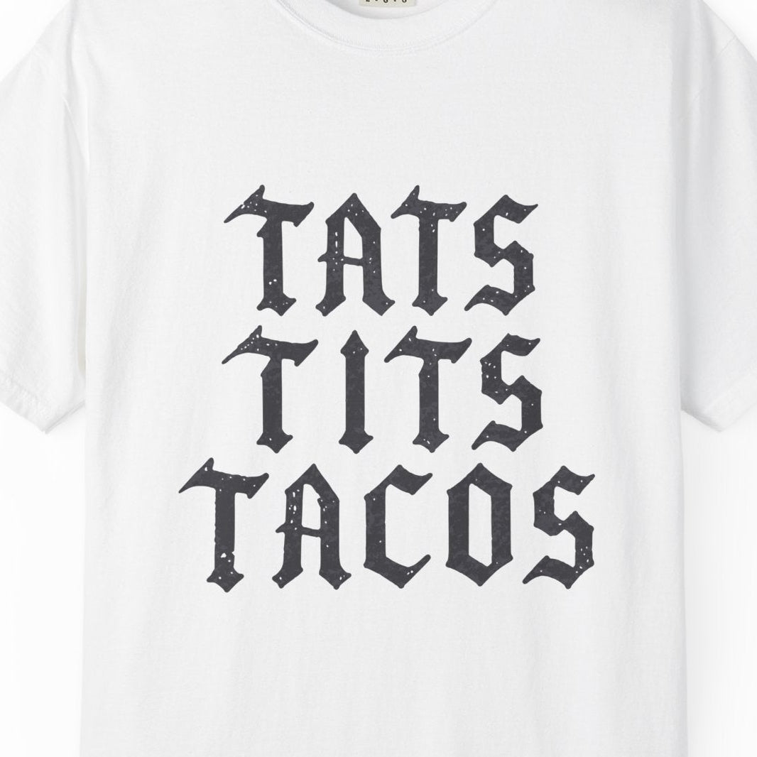 Tats Tits Tacos gay pride white tee with distressed tattoo lettering, Designed by Queer Energy.