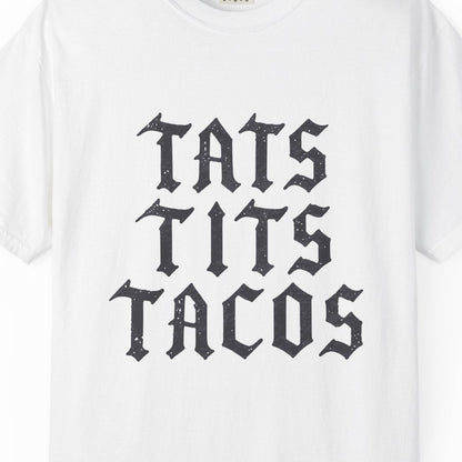 Tats Tits Tacos gay pride white tee with distressed tattoo lettering, Designed by Queer Energy.