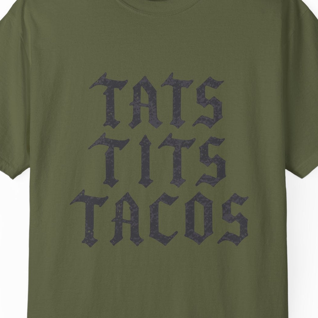 Tats Tits Tacos gay pride hemp colored tee with distressed tattoo lettering, Designed by Queer Energy.