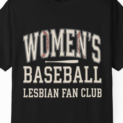 A black short-sleeve crewneck t-shirt with a distressed collegiate-style graphic reading 'WOMEN'S BASEBALL LESBIAN FAN CLUB' in cream and red, displayed on a clean white background.