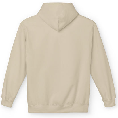 Back of a beige hoodie on a white background