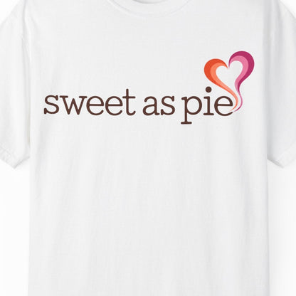Sweet as Pie gay pride white colored tee with Lesbian Flag colored steamy-heart graphic, sapphic lesbian design Designed by Queer Energy