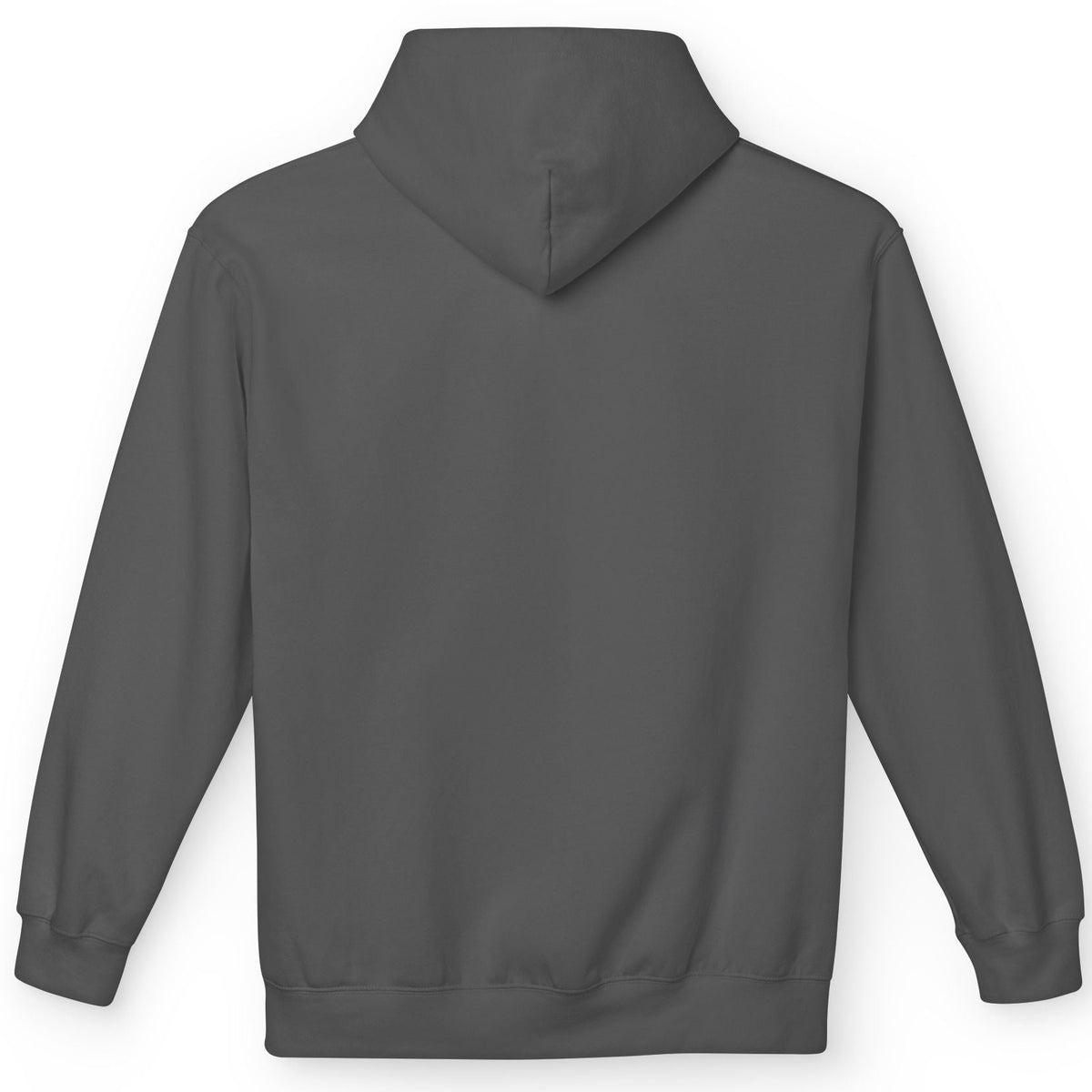 A dark gray pullover hoodie shown from the back, featuring a simple stitched center seam on the hood and ribbed cuffs and hem, displayed against a plain white background.