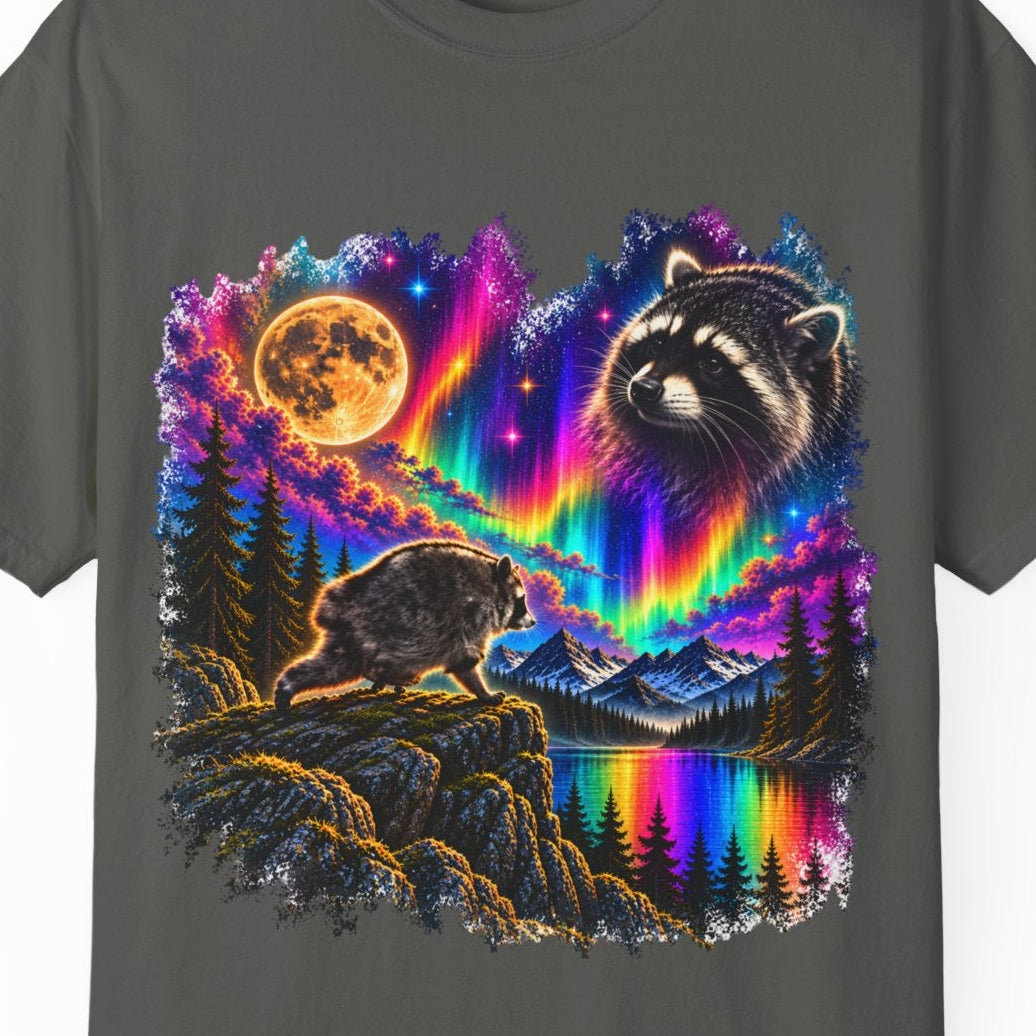 A pepper-colored crewneck t-shirt featuring a vibrant, colorful graphic print of Jimothy, the moon, and LGBTIQ rainbow landscape. 